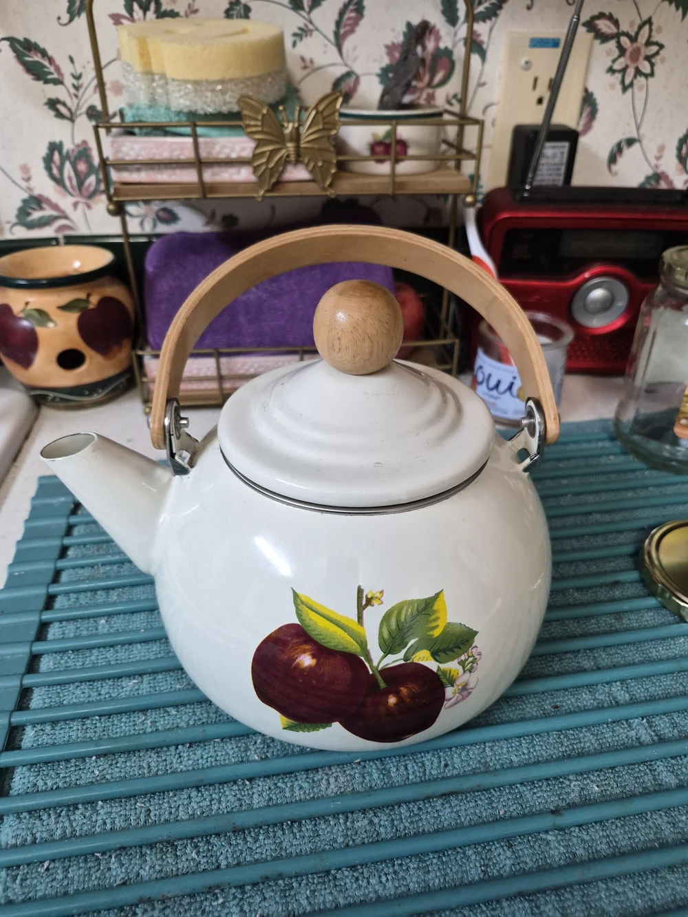 White Ceramic Teapot with Wooden Handle and Apple Motif